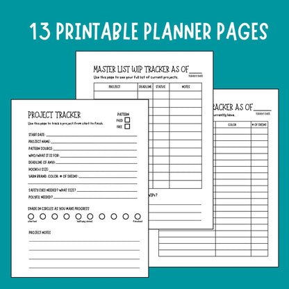 Printable crochet planner pages for tracking projects, deadlines, and yarn supplies.