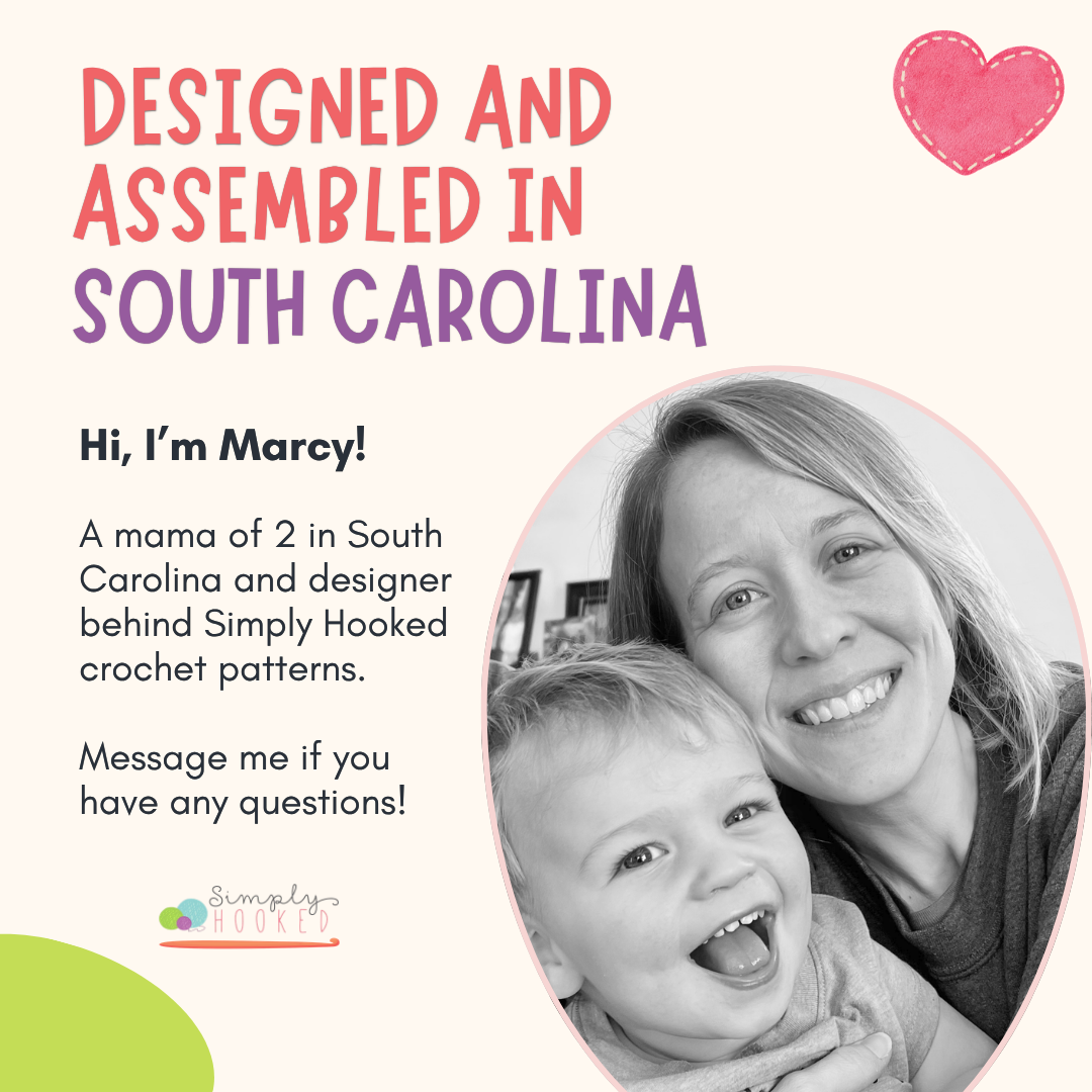 Promotional graphic for Simply Hooked crochet patterns featuring a smiling woman and child in a black-and-white photo, with text reading 'DESIGNED AND ASSEMBLED IN SOUTH CAROLINA' and 'Hi, I'm Marcy!'.