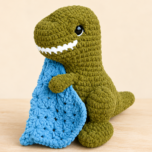 Crocheted dinosaur holding a blue blanket on a wooden surface