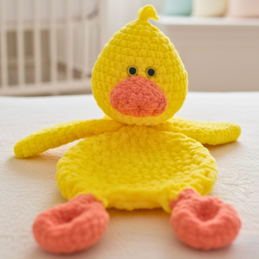 Yellow crochet duck toy on a light surface with a blurred background