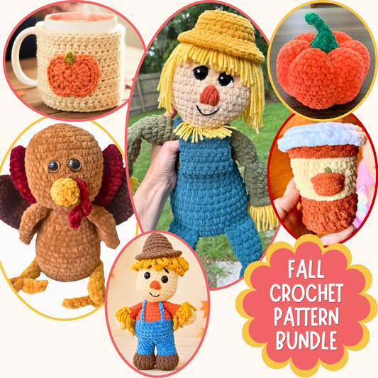 Promotional collage for a fall crochet pattern bundle, showing several crocheted autumn-themed items: a mug cover with a pumpkin, a crocheted scarecrow doll, a pumpkin, a crocheted turkey, a small scarecrow doll, and a cup with a pumpkin design. A large text badge reads “FALL CROCHET PATTERN BUNDLE.