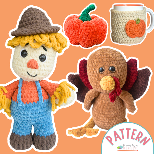Crocheted scarecrow, pumpkin, and turkey with a mug on an orange background, featuring 'Simply Crochet' pattern label.