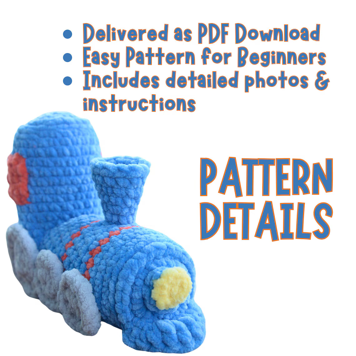 Blue crochet train toy with red and yellow details, easy beginner PDF pattern with instructions