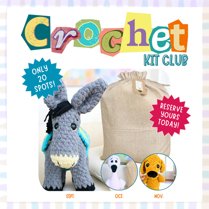 Promotional image for Crochet Kit Club with a donkey plush toy and a drawstring bag on a striped background.