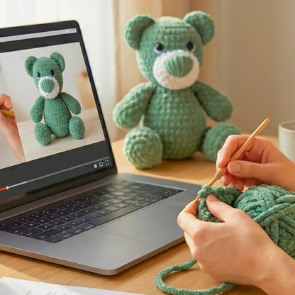 Hands crocheting a green amigurumi bear with a tutorial video and finished crochet plushie nearby.