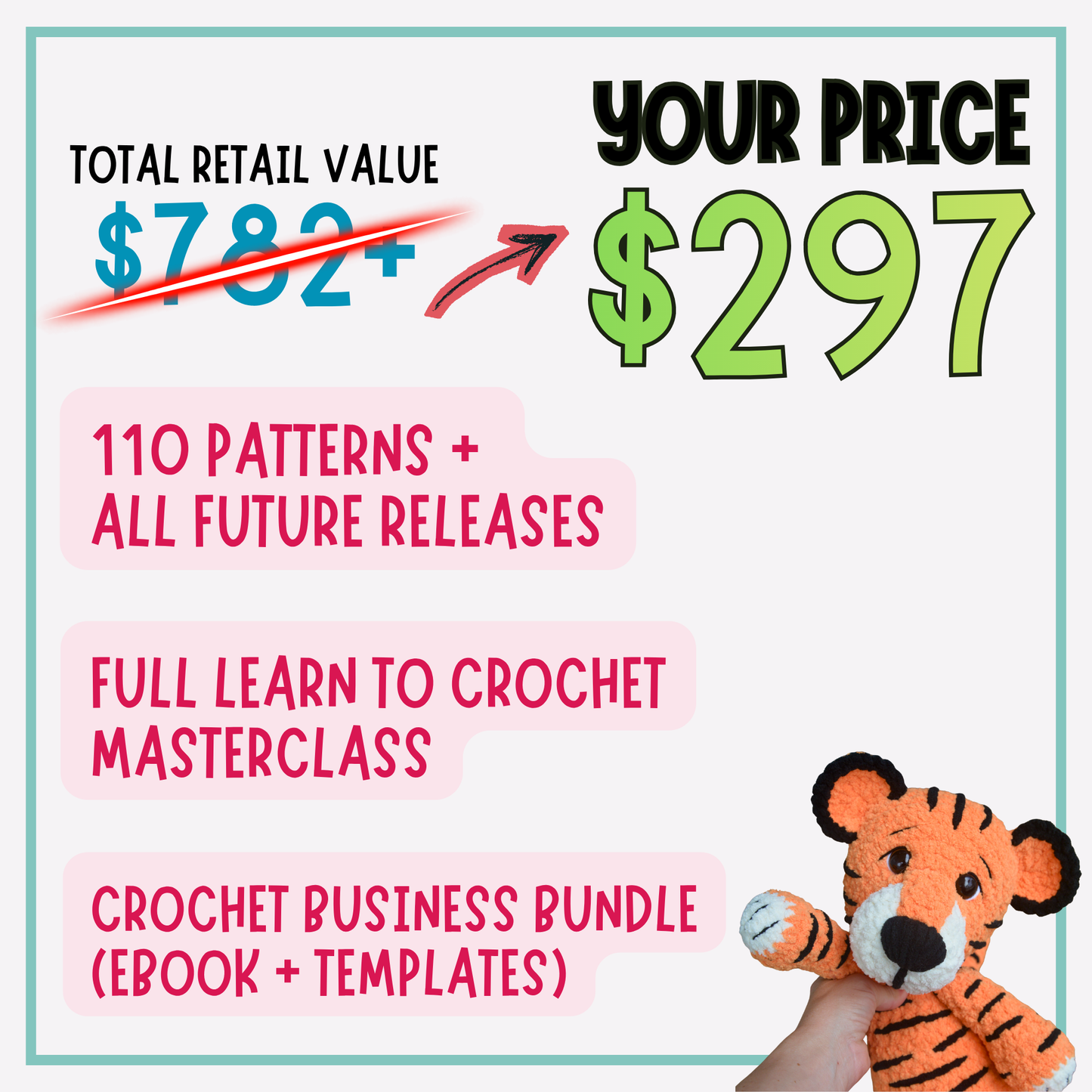 Crochet Pattern Vault PDFs: Current + Future Patterns + Masterclass Course + Business Bundle