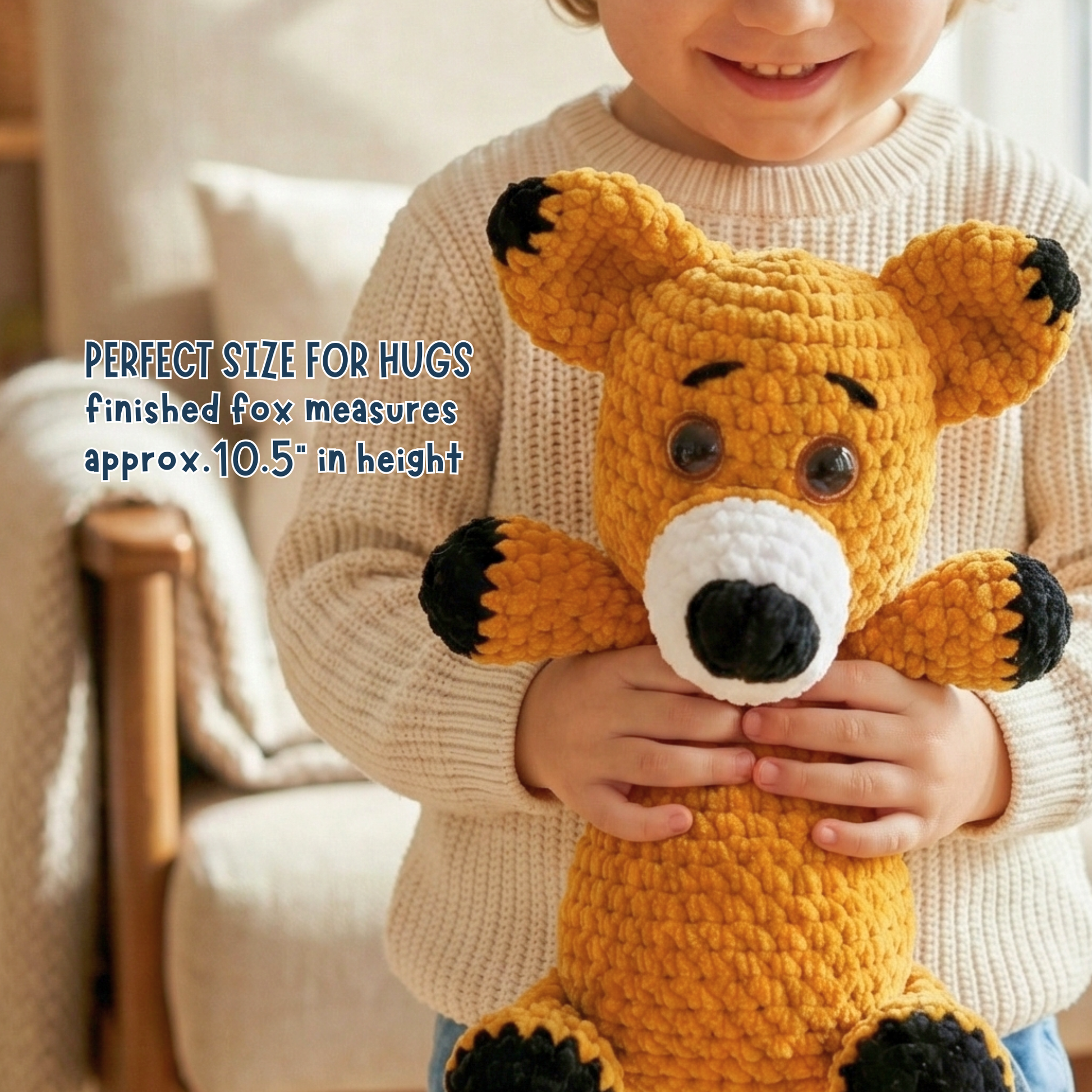 Child in beige sweater holding handmade crochet fox plush toy, approx. 10.5 inches tall