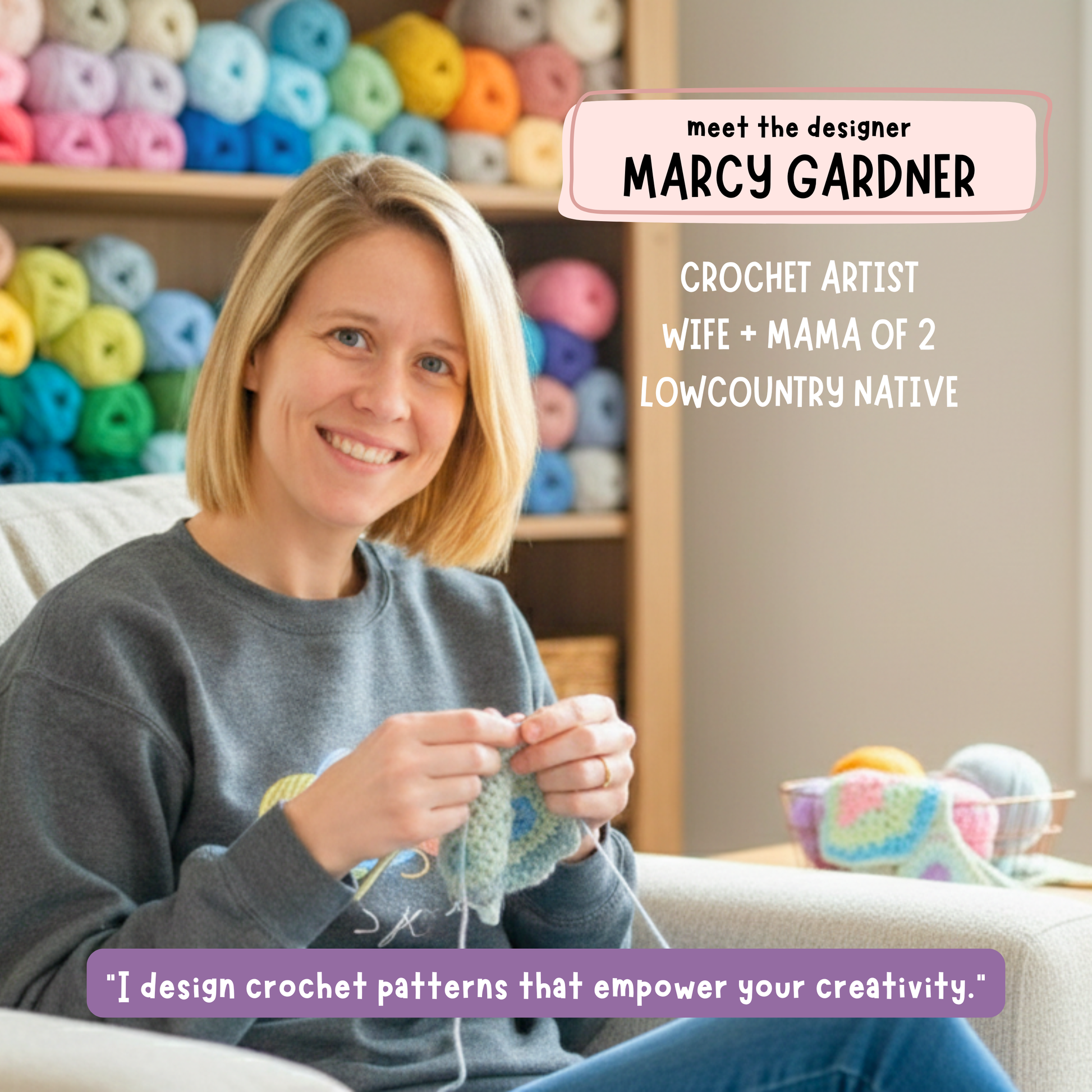 Smiling blonde woman crocheting in cozy room with colorful yarn shelves, introducing designer Marcy Gardner