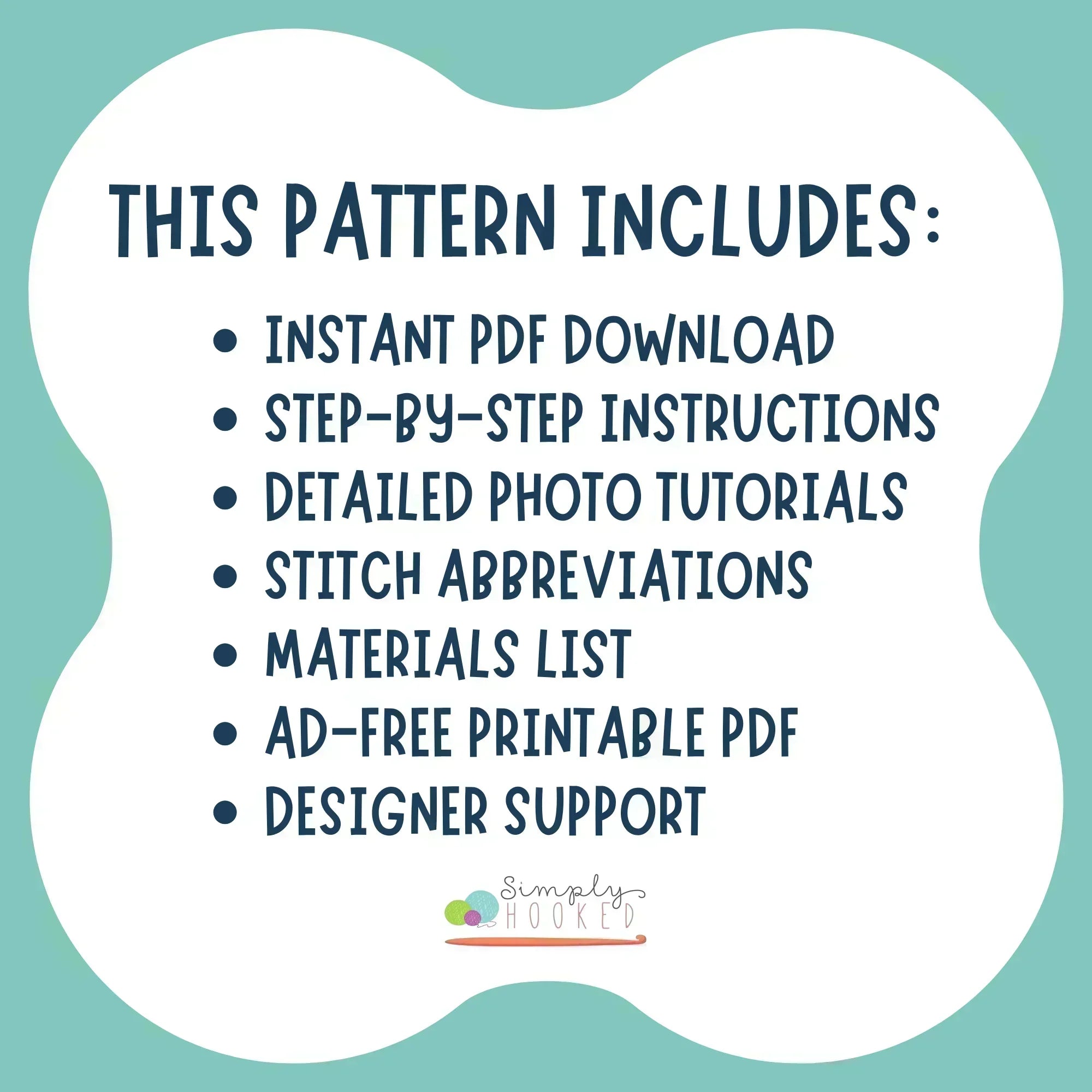List of crochet pattern features including PDF download, photo tutorials, materials list, and support.