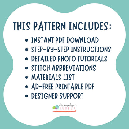 List of pattern contents on a teal background with 'Simply Hooked' logo.