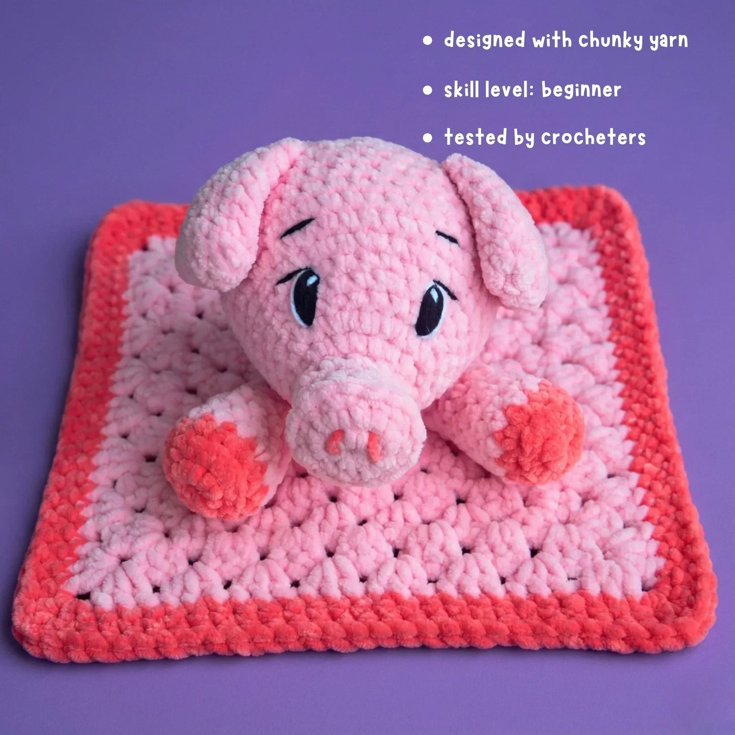 Beginner-friendly pink chunky yarn crochet pig lovey on purple background