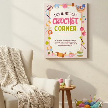 Cozy crochet corner with an armchair, blanket, yarn, and crochet tools wall art.