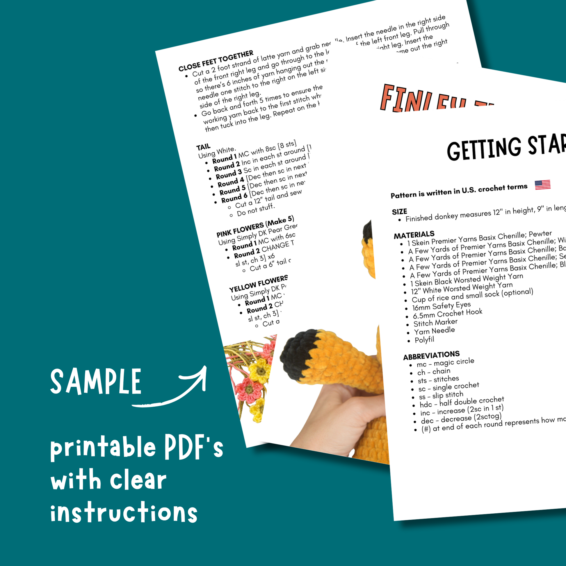 Printable crochet pattern PDF pages with clear step-by-step instructions and a hand holding a crocheted donkey leg