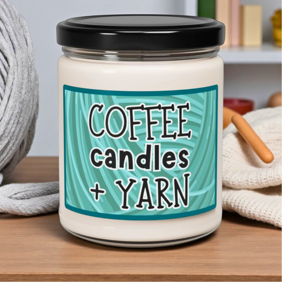 Jar labeled 'Coffee candles + Yarn' on a wooden surface with a cozy background.