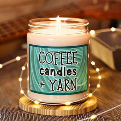 Candle in a jar labeled 'Coffee candles + Yarn' with a guitar and yarn ball in the background.